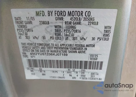 2006 Mercury Mariner Convenience from USA, damaged, VIN 4M2YU57Z06KJ07159